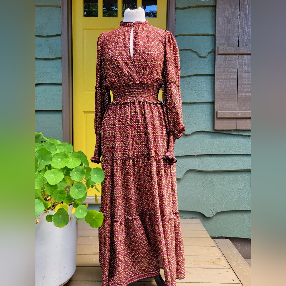 Max Studio Vintage Inspired Boho Tiered Smocked Long-Sleeve Midi Dress Sz Small